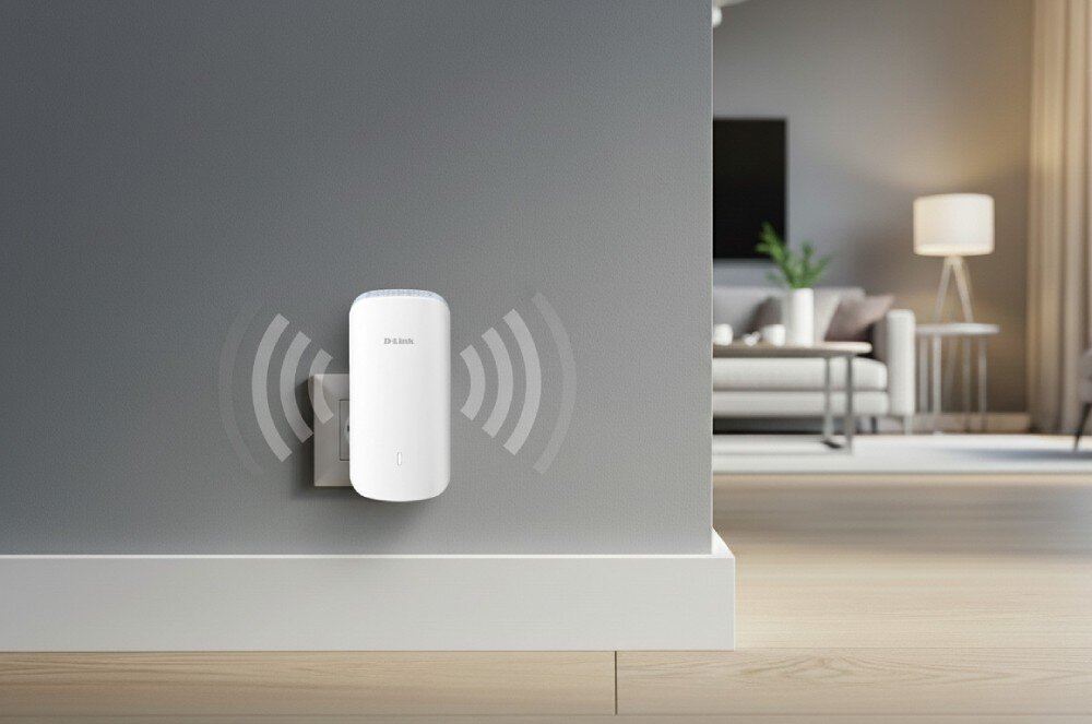 Wzmacniacz sieci D-LINK E30 Aquila Pro AI AX3000 Białe urządzenie sieciowe wpięte do gniazdka w szarej ścianie, po obu stronach narysowane półokrągłe linie symbolizujące fale, w tle jasny salon z kanapą, stolikiem i lampą, opis