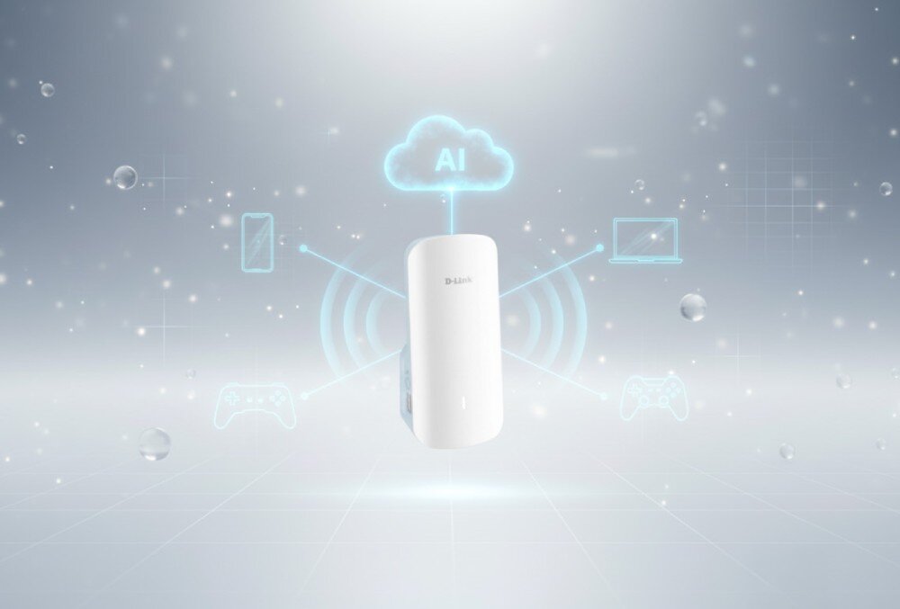 Wzmacniacz sieci D-LINK E30 Aquila Pro AI AX3000 Białe urządzenie sieciowe zawieszone na środku jasnego tła, nad nim chmurka z napisem 'AI', wokół ikony telefonu, laptopa, pada do gier i fale sygnału, technologia, zastosowanie, port LAN
