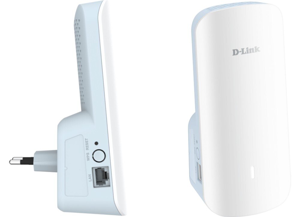 Wzmacniacz sieci D-LINK E30 Aquila Pro AI AX3000 Dwa ujęcia białego urządzenia sieciowego na białym tle, po lewej widok z boku z wtyczką, przyciskiem i portem LAN, po prawej widok z przodu z delikatnie zaokrąglonym kształtem, kanały, łączność