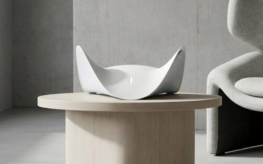 Router D-LINK BE9500 M95 Biały router o opływowym kształcie przypominającym płaszczkę stoi na okrągłym drewnianym stoliku w jasnym, minimalistycznym wnętrzu