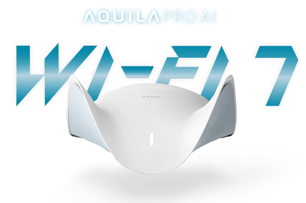 Router D-LINK BE9500 M95 Przednia część białego urządzenia sieciowego o wygiętej obudowie na tle dużego napisu Wi-Fi 7