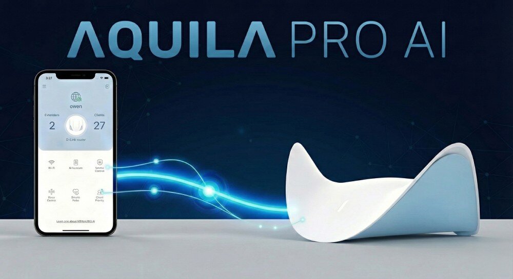 Router D-LINK BE9500 M95 Smartfon z uruchomioną aplikacją mobilną obok białego routera o futurystycznym wyglądzie