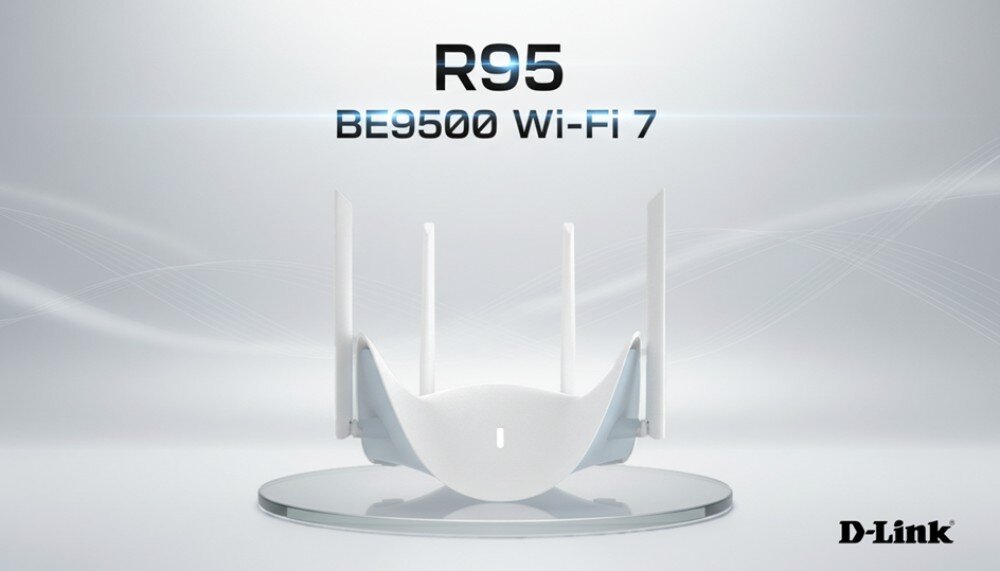 Router D-LINK BE9500 R95 Białe urządzenie z czterema pionowymi antenami zewnętrznymi ustawione na okrągłej podstawce