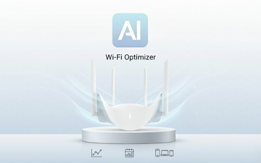 Router D-LINK BE9500 R95 Białe urządzenie z antenami na jasnym tle pod ikoną 'AI' oraz napisem dotyczącym optymalizacji sieci