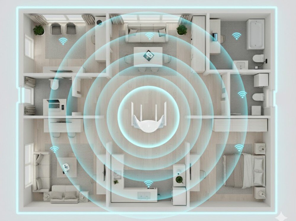 Router D-LINK BE9500 R95 Rzut poziomy mieszkania z góry z naniesionymi koncentrycznymi kręgami zasięgu sygnału