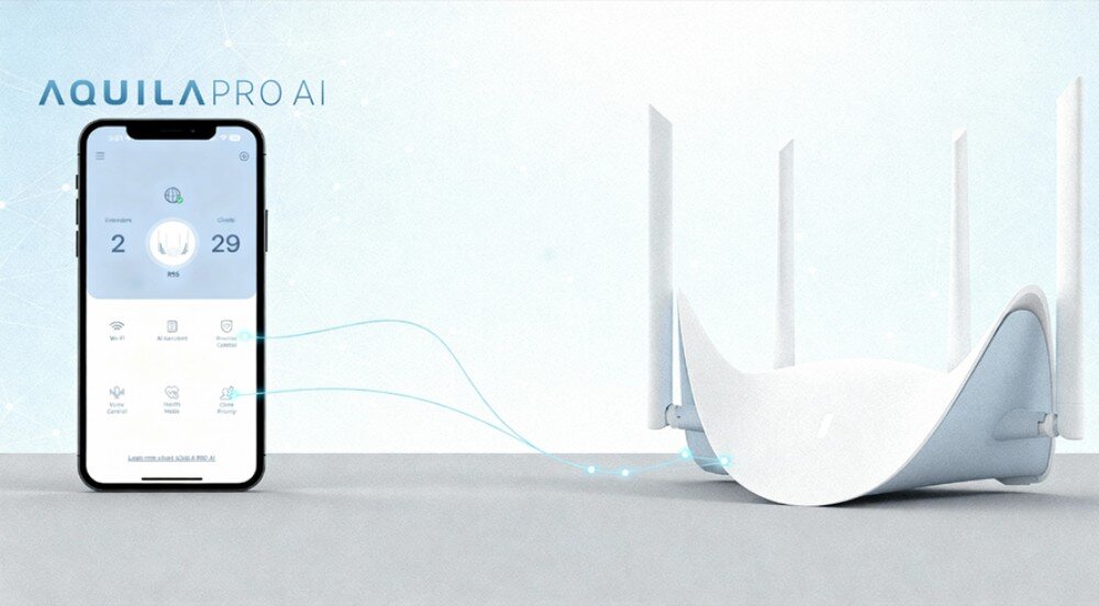 Router D-LINK BE9500 R95 Ekran telefonu z interfejsem sterowania siecią obok urządzenia o czterech antenach