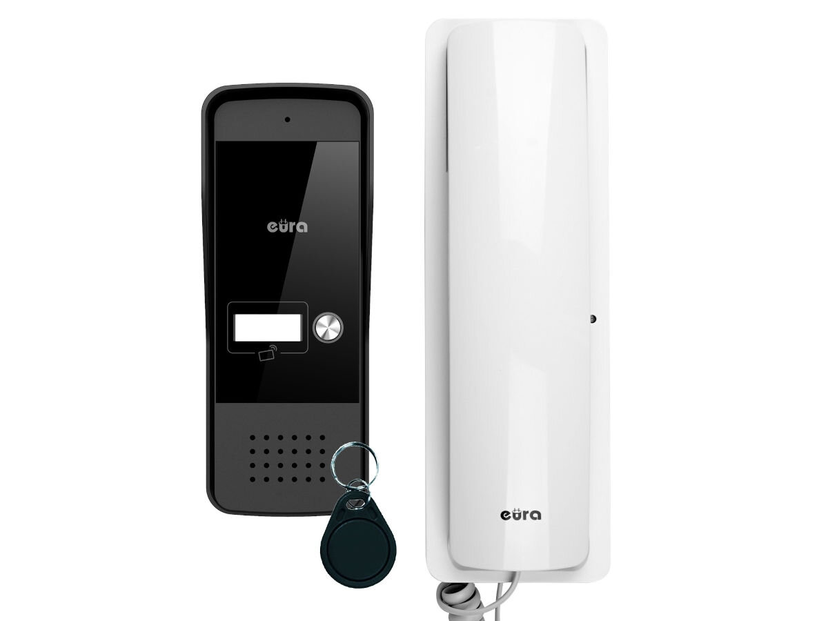 Domofon EURA ADP-25A3 Biały, rozmowa, słuchawka, montaż, wygoda, Komplet EURA ADP-25A3 - kaseta, unifon, brelok RFID, panoramiczny widok obu urządzeń.