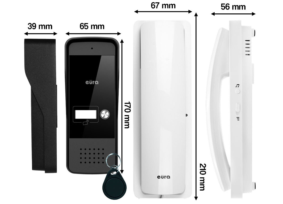 Domofon EURA ADP-25A3 Biały, montaż, instrukcja, rozmiar, złącza, Wizualizacja rozmiarów kasety, daszka i unifonu: kaseta 170x65x39 mm, unifon 210x67x56 mm.