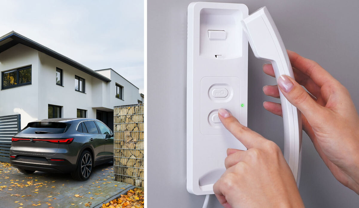 Domofon EURA ADP-25A3 Biały, furtka, brama, sterowanie, dostęp, Wizualizacja domu jednorodzinnego oraz zbliżenie na biały unifon domofonowy Eura, na którym użytkownik naciska przycisk otwarcia furtki lub bramy.