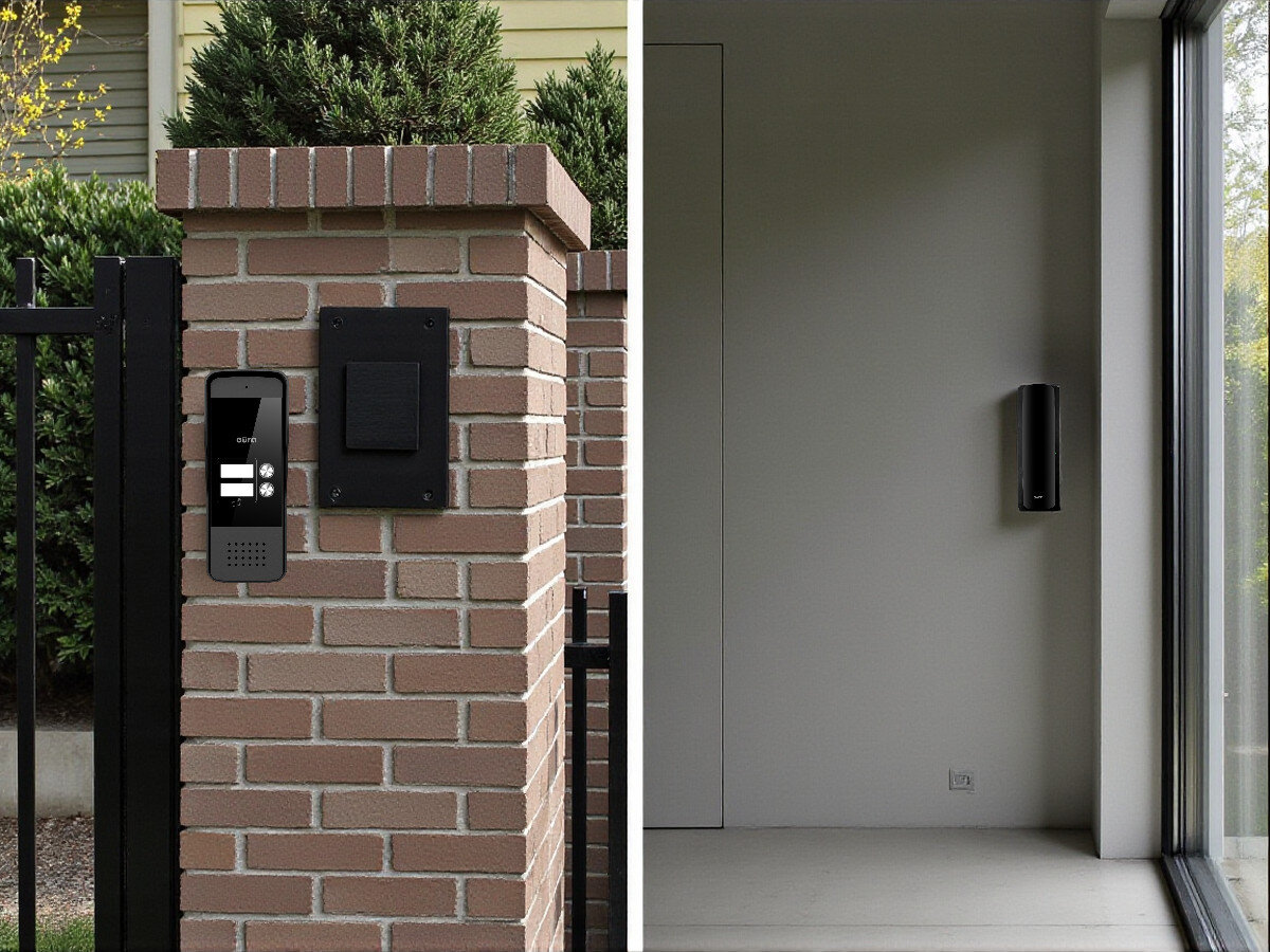 Domofon EURA ADP-26A3 czarny, kontrola, wpuszczanie, ochrona, bezpieczeństwo, Kaseta zewnętrzna EURA i unifon zamontowane na jasnej ścianie, widok od wejścia.