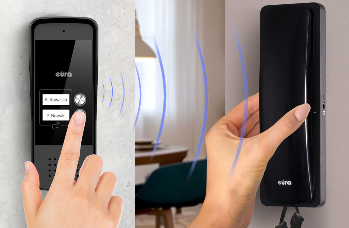 Domofon EURA ADP-26A3 Czarny, bezpieczeństwo, kontrola, wejście, dom, Grafika prezentująca połączenie dwurodzinnego domofonu Eura – po lewej użytkownik naciska przycisk z nazwiskiem na czarnej kasecie zewnętrznej, po prawej druga osoba podnosi Czarny unifon; niebieskie fale symbolizują połączenie audio.