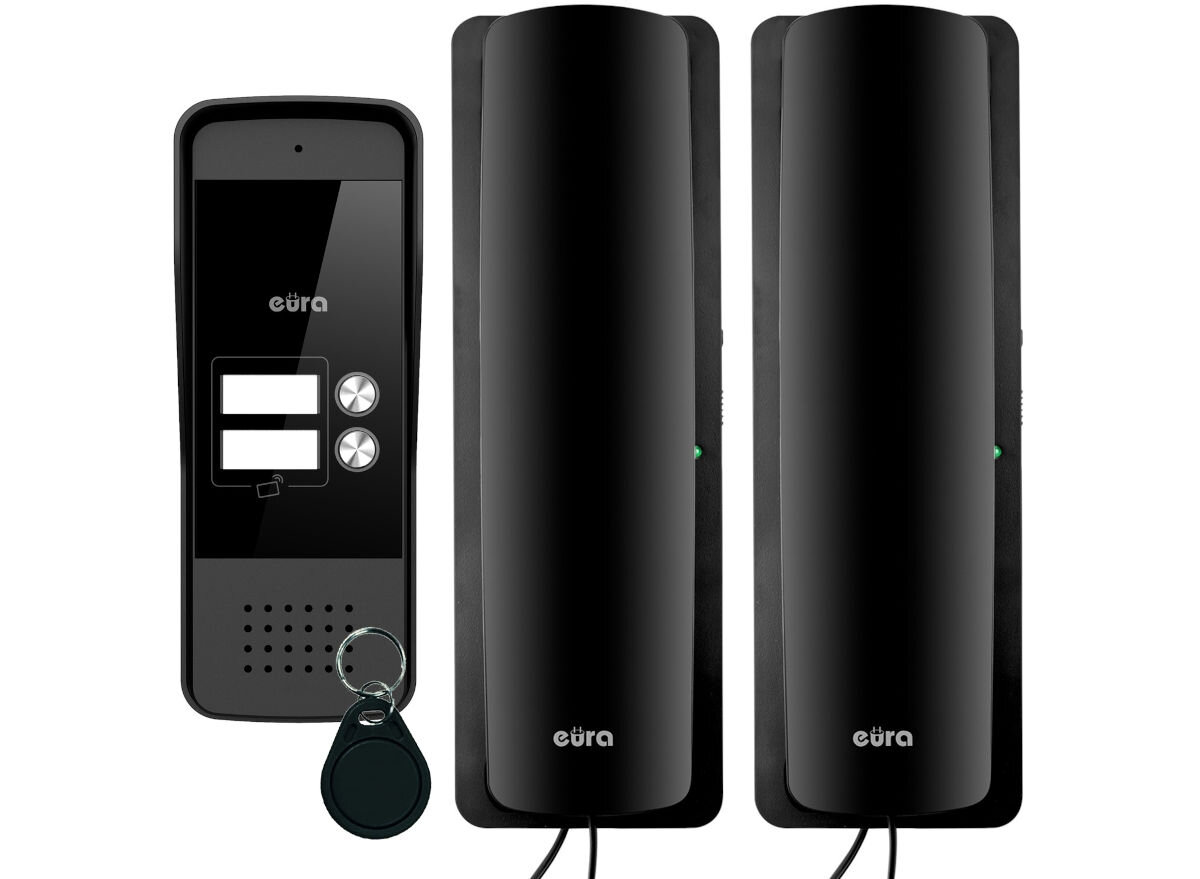 Domofon EURA ADP-26A3 czarny, rozmowa, słuchawka, montaż, wygoda, Komplet EURA ADP-25A3 - kaseta, unifon, brelok RFID, panoramiczny widok obu urządzeń.