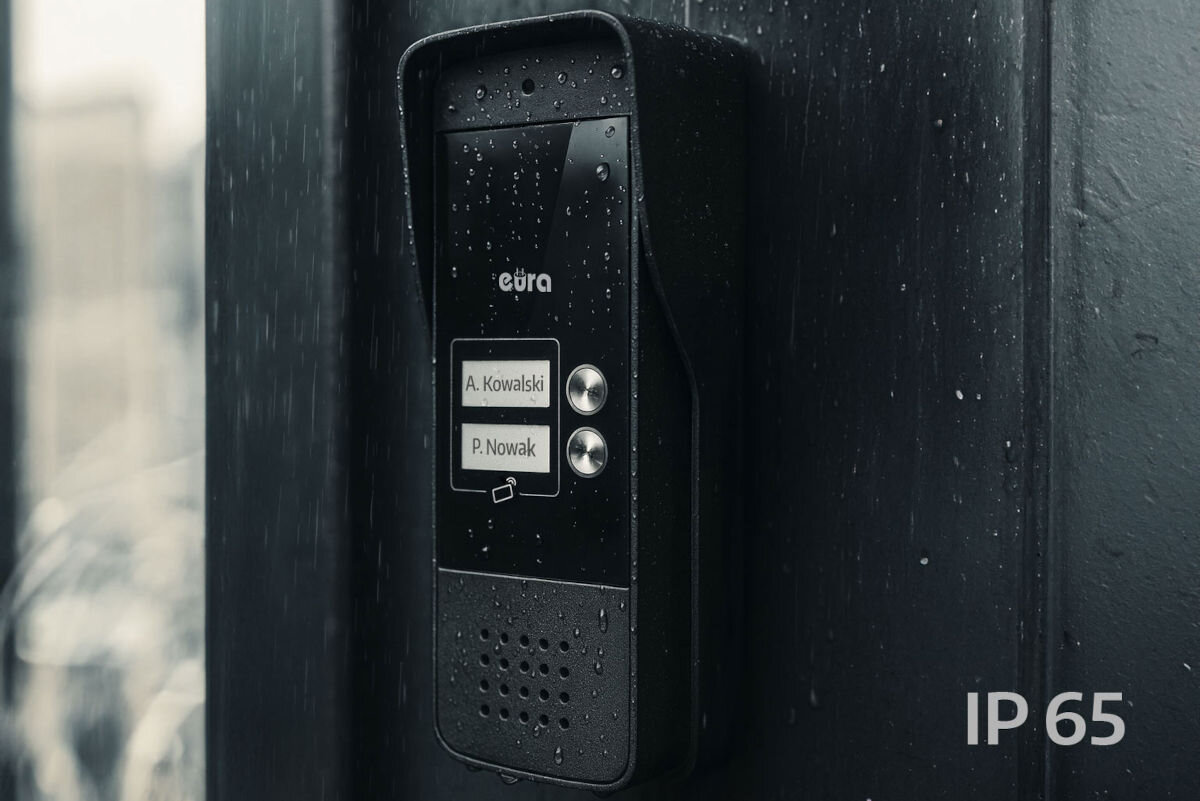 Domofon EURA ADP-26A3 Czarny, IP65, odporność, aluminium, pogoda, Czarna, deszczoszczelna kaseta bramowa domofonu Eura z daszkiem, dwoma przyciskami z nazwiskami „A. Kowalski” i „P. Nowak” oraz oznaczeniem klasy szczelności IP65 w rogu kadru.