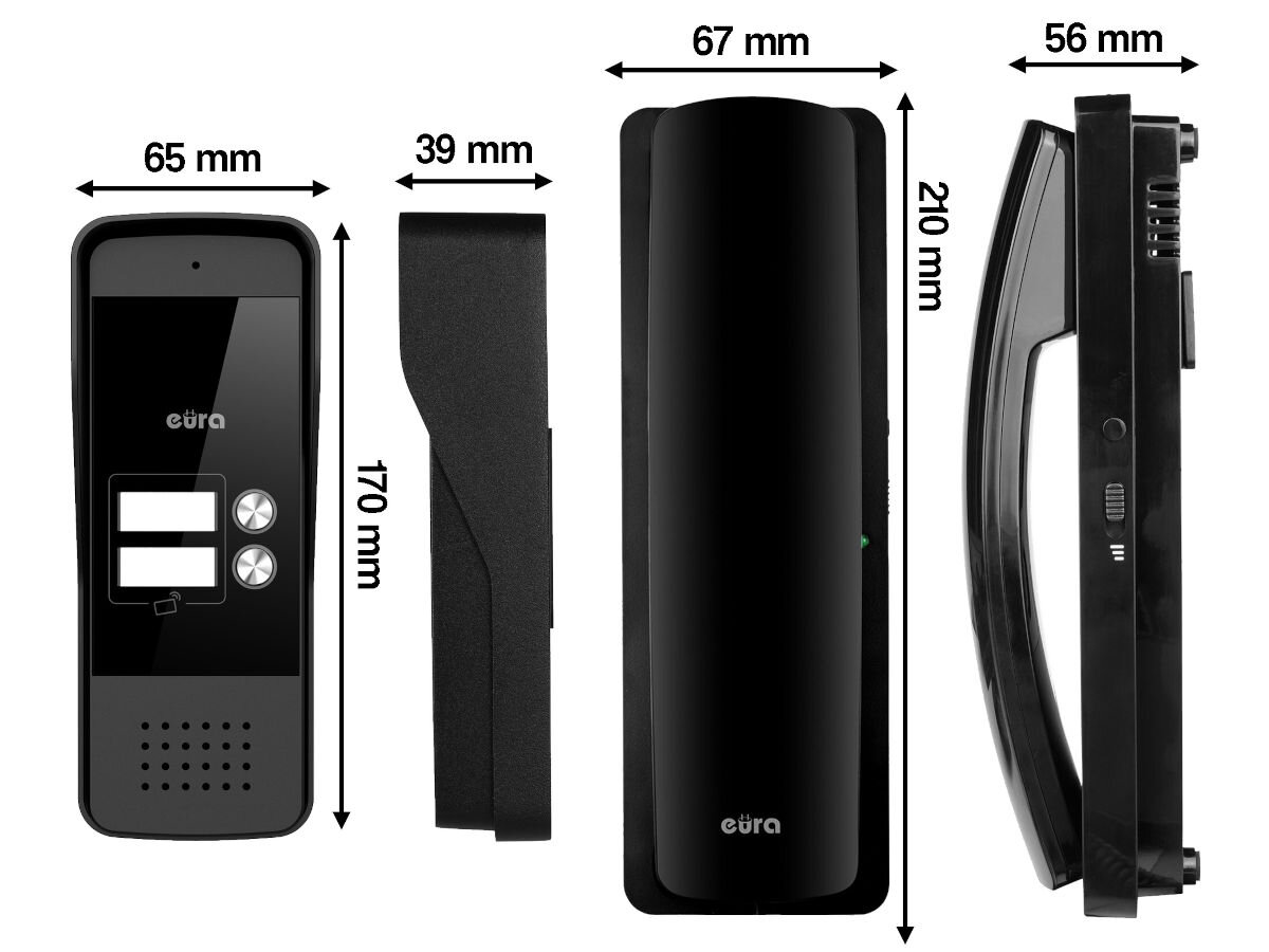 Domofon EURA ADP-26A3 czarny, montaż, instrukcja, rozmiar, złącza, Wizualizacja rozmiarów kasety, daszka i unifonu: kaseta 170x65x39 mm, unifon 210x67x56 mm.