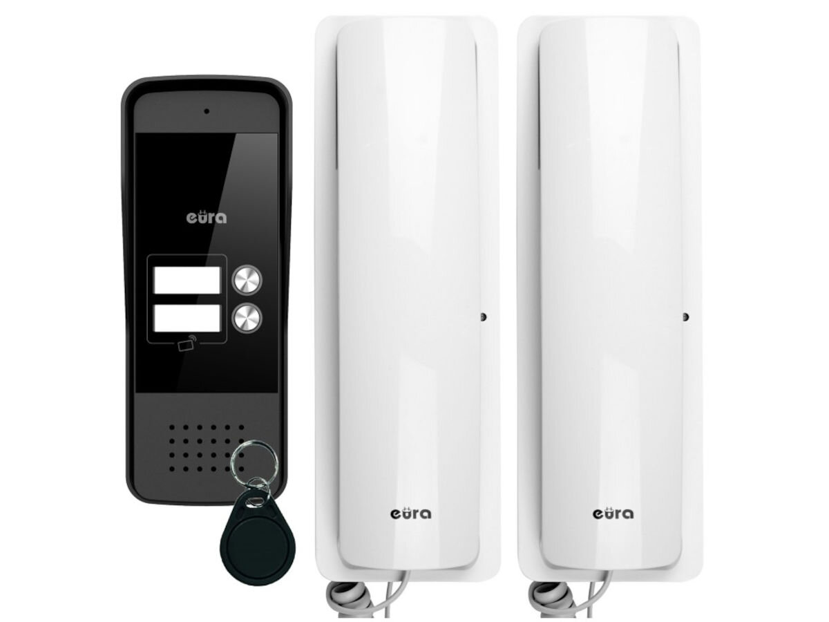 Domofon EURA ADP-26A3 Biały, rozmowa, słuchawka, montaż, wygoda, Komplet EURA ADP-25A3 - kaseta, unifon, brelok RFID, panoramiczny widok obu urządzeń.