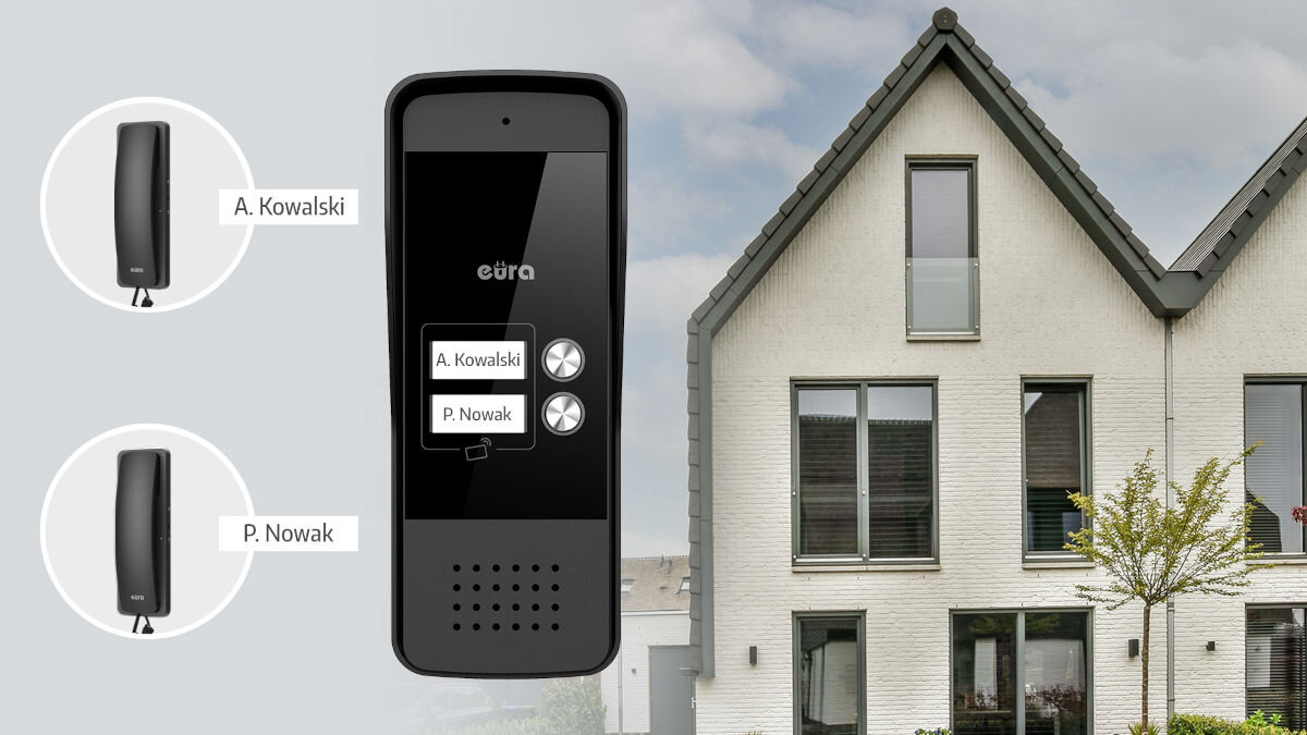 Domofon EURA ADP-26A3 Biały, domofon, dwurodzinny, komunikacja, system, Domofon dwurodzinny Eura przy wejściu do nowoczesnego domu – centralnie czarna kaseta z przyciskami „A. Kowalski” i „P. Nowak”, po bokach miniatury dwóch unifonów przypisanych do poszczególnych lokatorów.