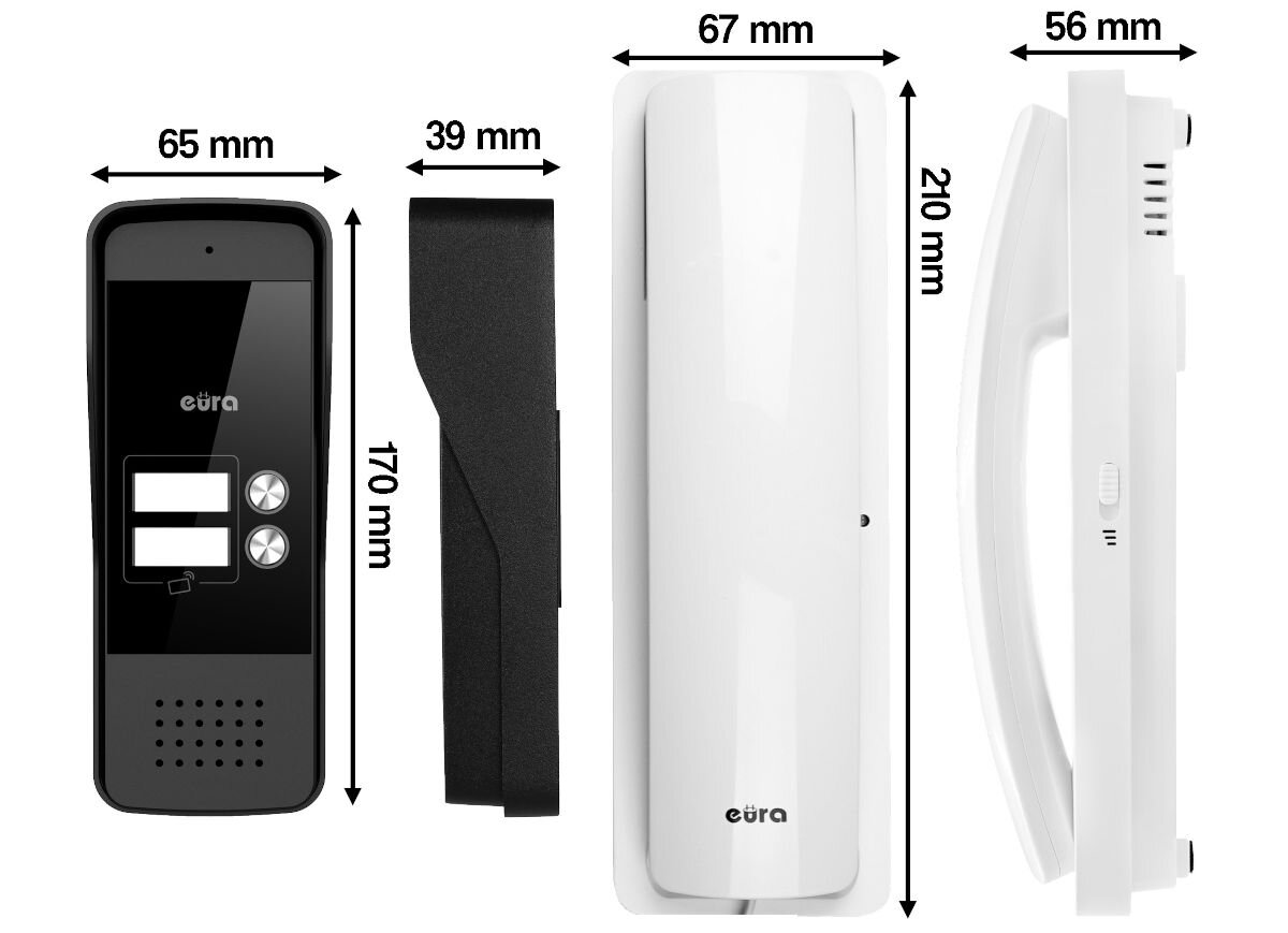 Domofon EURA ADP-26A3 Biały, montaż, instrukcja, rozmiar, złącza, Wizualizacja rozmiarów kasety, daszka i unifonu: kaseta 170x65x39 mm, unifon 210x67x56 mm.
