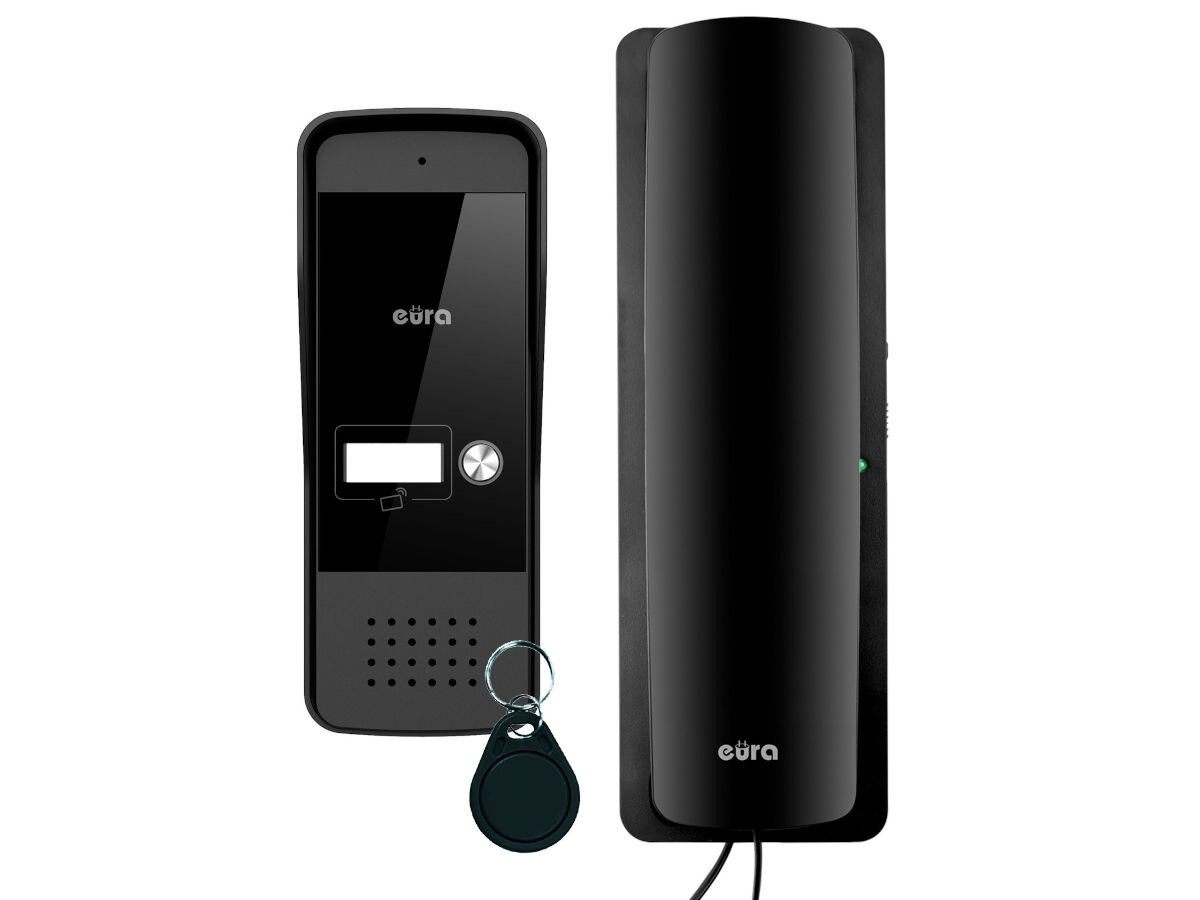 Domofon EURA ADP-25A3 Czarny, rozmowa, słuchawka, montaż, wygoda, Komplet EURA ADP-25A3 - kaseta, unifon, brelok RFID, panoramiczny widok obu urządzeń.