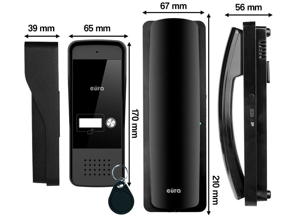Domofon EURA ADP-25A3 Czarny, montaż, instrukcja, rozmiar, złącza, Wizualizacja rozmiarów kasety, daszka i unifonu: kaseta 170x65x39 mm, unifon 210x67x56 mm.