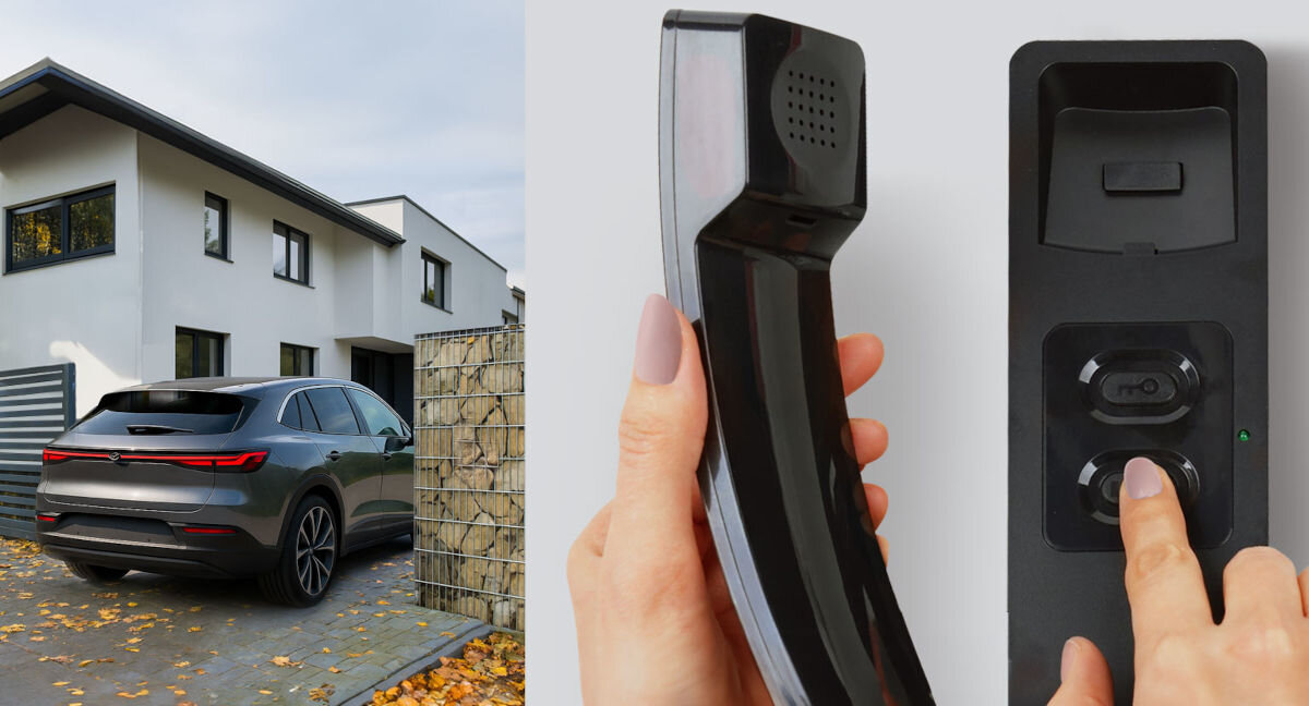 Domofon EURA ADP-25A3 Czarny, furtka, brama, sterowanie, dostęp, Wizualizacja domu jednorodzinnego oraz zbliżenie na Czarny unifon domofonowy Eura, na którym użytkownik naciska przycisk otwarcia furtki lub bramy.