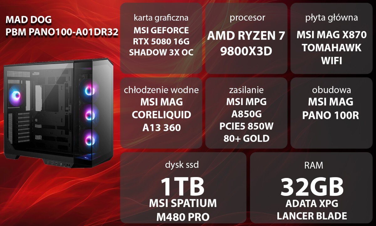 Komputer MAD DOG Powered by MSI PANO100-A01DR32 Grafika przedstawiająca specyfikację komputera, z podziałem na podzespoły. W lewej części znajduje się model komputera, a obok niego informacje o podzespołach, opis
