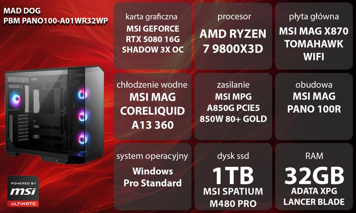 Komputer MAD DOG Powered by MSI PANO100-A01WR32WP Grafika przedstawiająca specyfikację komputera, z podziałem na podzespoły. W lewej części znajduje się model komputera, a obok niego informacje o podzespołach, opis