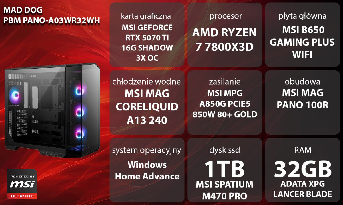 Komputer MAD DOG Powered by MSI PANO-A03WR32WH Zdjęcie przedstawia młodą kobietę w brązowym swetrze siedzącą przy biurku i grającą na komputerze. Ma założone słuchawki z mikrofonem i korzysta z klawiatury oraz myszki. Przed nią znajdują się dwa monitory, a w tle widać komputer z podświetleniem RGB, opis