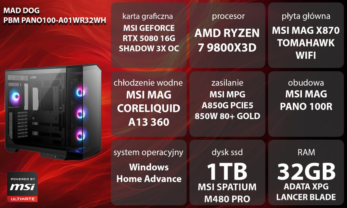Komputer MAD DOG Powered by MSI PANO100-A01WR32WH Grafika przedstawiająca specyfikację komputera, z podziałem na podzespoły. W lewej części znajduje się model komputera, a obok niego informacje o podzespołach, opis