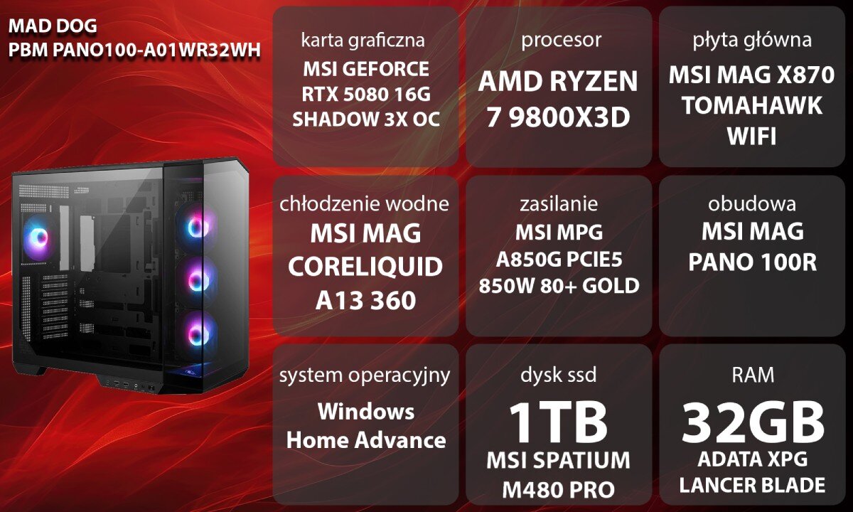Komputer MAD DOG Powered by MSI PANO100-A01WR32WH Grafika przedstawiająca specyfikację komputera, z podziałem na podzespoły. W lewej części znajduje się model komputera, a obok niego informacje o podzespołach, opis