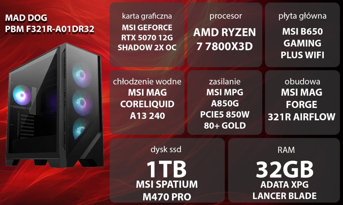 Komputer MAD DOG Powered by MSI F321R-A01DR32 Grafika przedstawiająca specyfikację komputera, z podziałem na podzespoły. W lewej części znajduje się model komputera, a obok niego informacje o podzespołach, opis