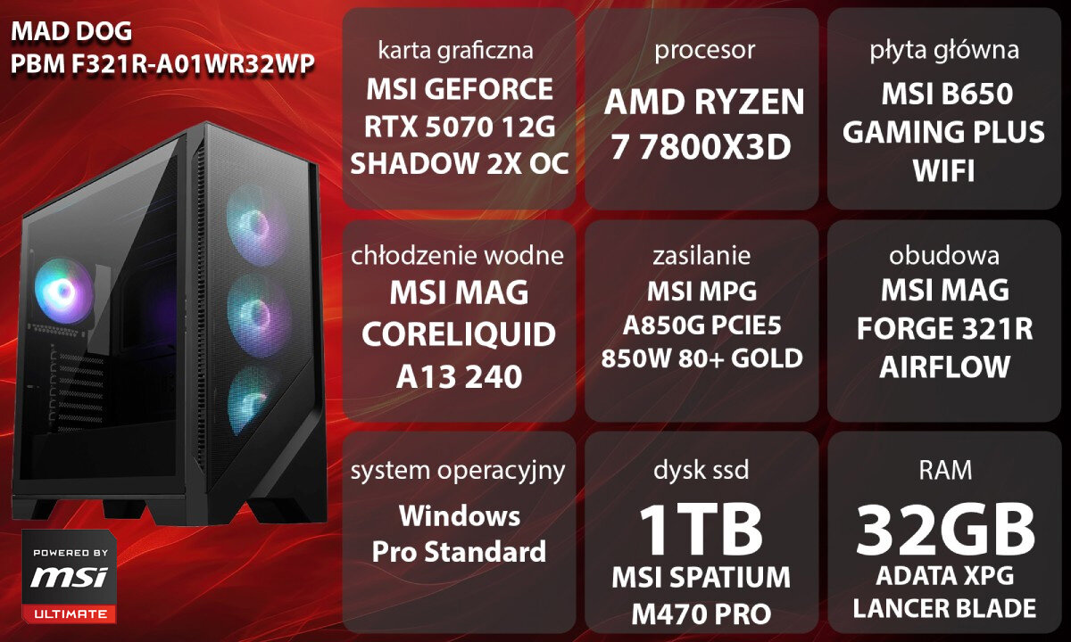 Komputer MAD DOG Powered by MSI F321R-A01WR32WP Grafika przedstawiająca specyfikację komputera, z podziałem na podzespoły. W lewej części znajduje się model komputera, a obok niego informacje o podzespołach, opis