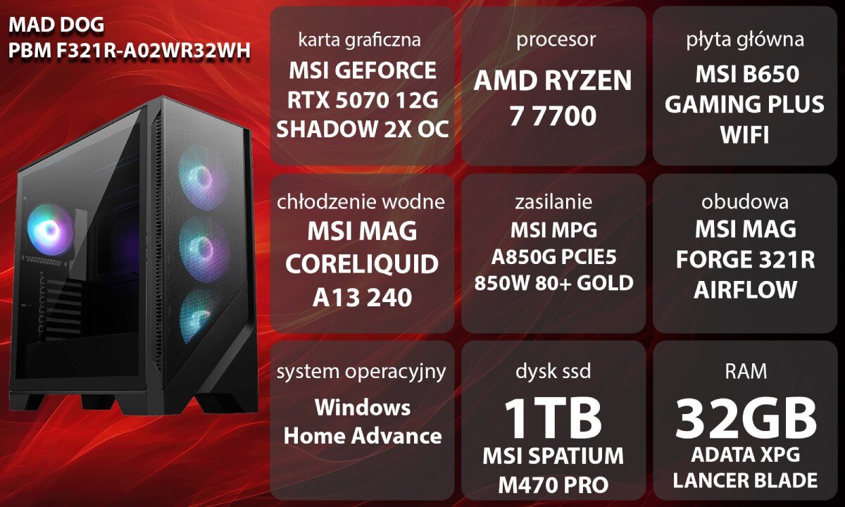 Komputer MAD DOG Powered by MSI F321R-A02WR32WH Grafika przedstawiająca specyfikację komputera, z podziałem na podzespoły. W lewej części znajduje się model komputera, a obok niego informacje o podzespołach, opis