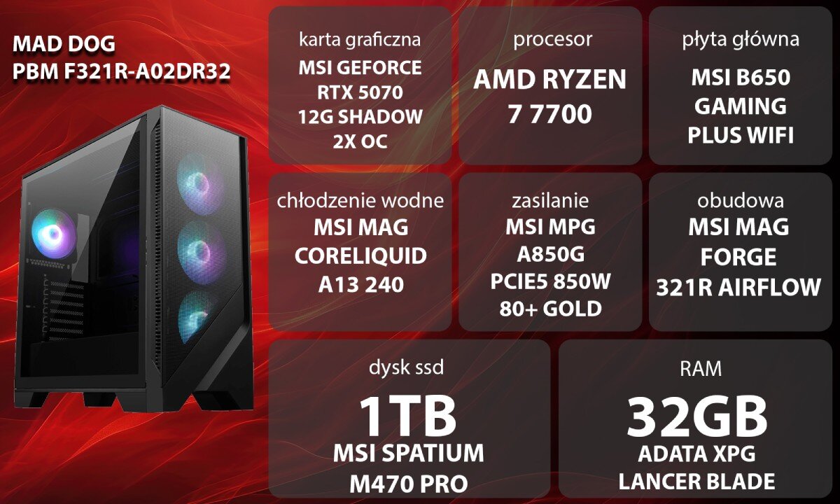 Komputer MAD DOG Powered by MSI F321R-A02DR32 Grafika przedstawiająca specyfikację komputera, z podziałem na podzespoły. W lewej części znajduje się model komputera, a obok niego informacje o podzespołach, opis