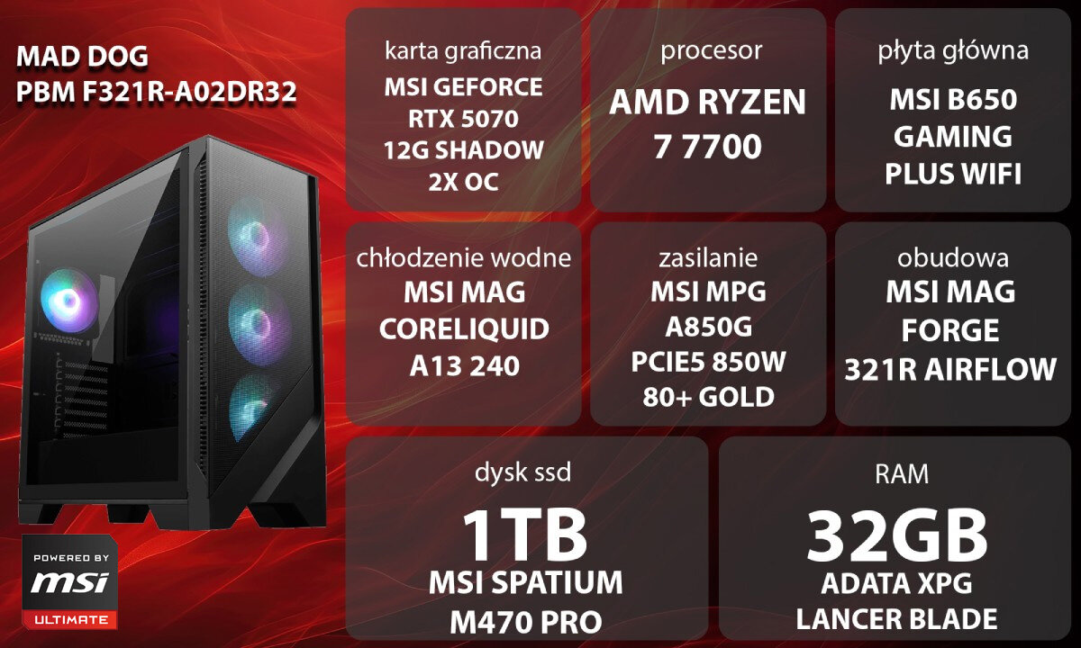 Komputer MAD DOG Powered by MSI F321R-A02DR32 Grafika przedstawiająca specyfikację komputera, z podziałem na podzespoły. W lewej części znajduje się model komputera, a obok niego informacje o podzespołach, opis