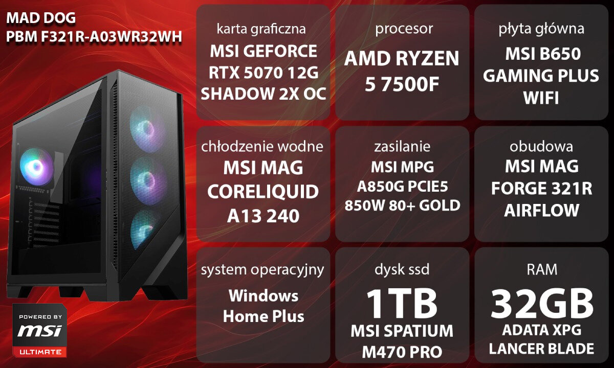 Komputer MAD DOG Powered by MSI F321R-A03WR32WH Grafika przedstawiająca specyfikację komputera, z podziałem na podzespoły. W lewej części znajduje się model komputera, a obok niego informacje o podzespołach, opis