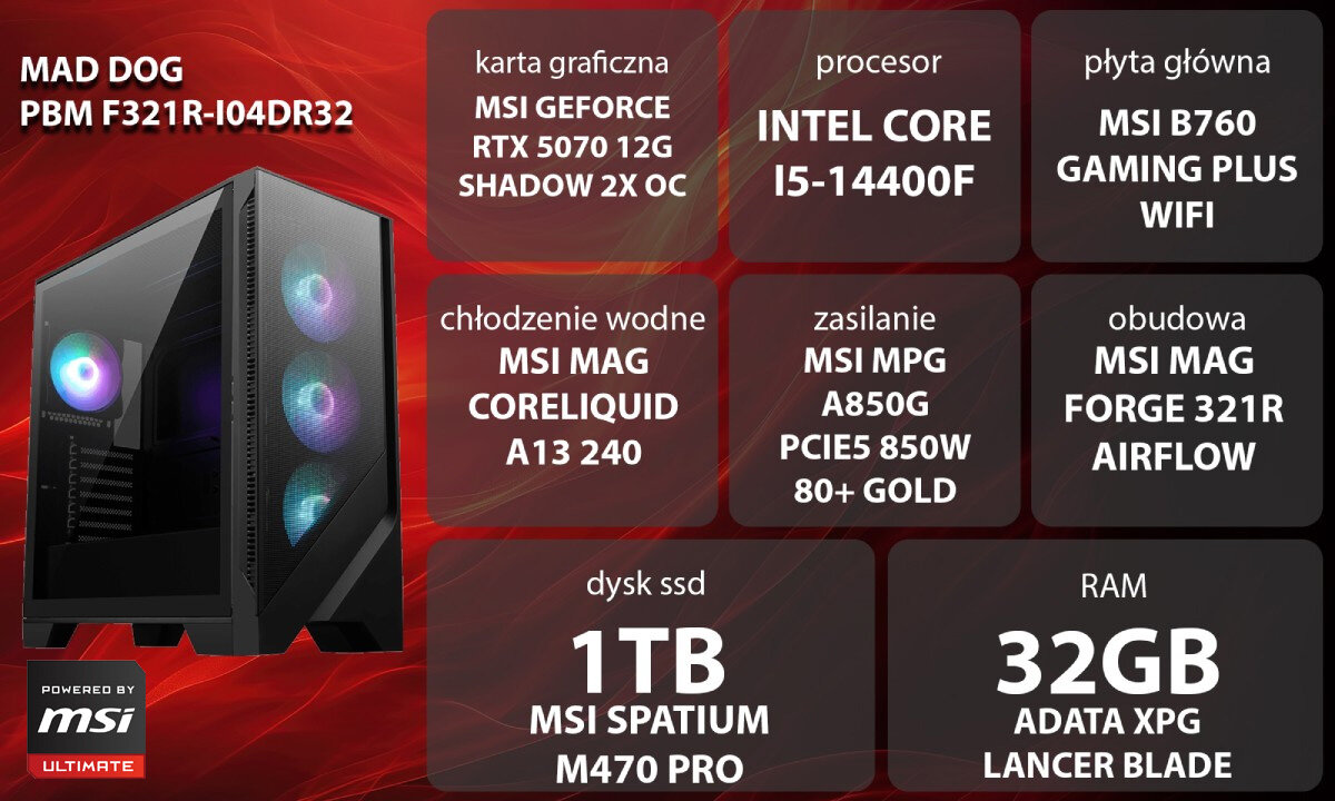 Komputer MAD DOG Powered by MSI F321R-I04DR32 Grafika przedstawiająca specyfikację komputera, z podziałem na podzespoły. W lewej części znajduje się model komputera, a obok niego informacje o podzespołach, opis