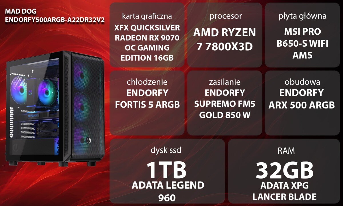 Komputer MAD DOG ENDORFY500ARGB-A22DR32V2 Grafika przedstawiająca specyfikację komputera, z podziałem na podzespoły. W lewej części znajduje się model komputera, a obok niego informacje o podzespołach, opis