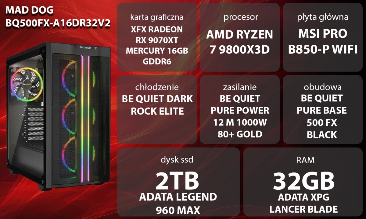 Komputer MAD DOG BQ500FX-A16DR32V2 Grafika przedstawiająca specyfikację komputera, z podziałem na podzespoły. W lewej części znajduje się model komputera, a obok niego informacje o podzespołach, opis