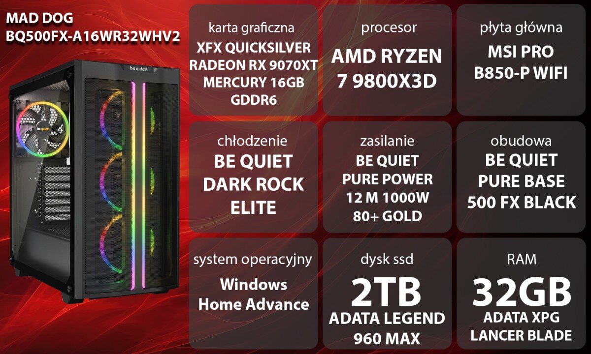 Komputer MAD DOG BQ500FX-A16WR32WHV2 Grafika przedstawiająca specyfikację komputera, z podziałem na podzespoły. W lewej części znajduje się model komputera, a obok niego informacje o podzespołach, opis