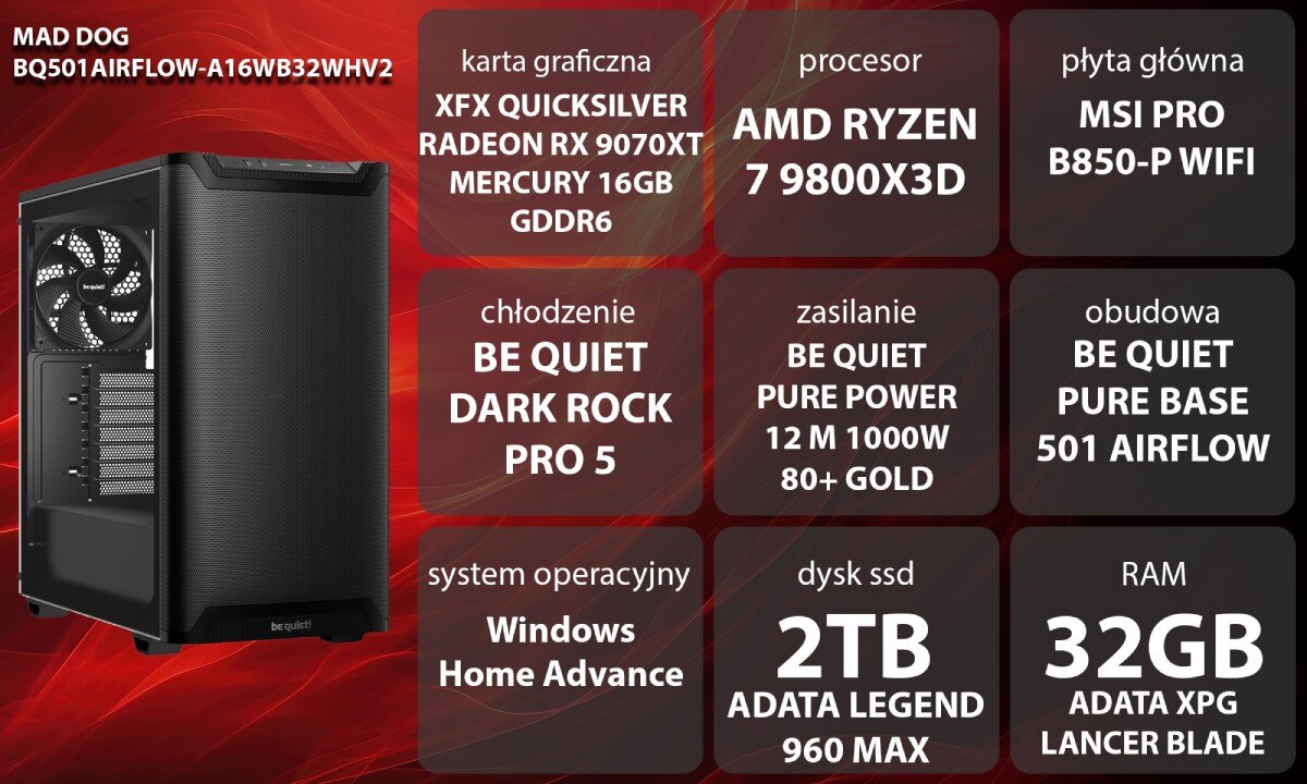Komputer MAD DOG BQ501AIRFLOW-A16WB32WHV2 Grafika przedstawiająca specyfikację komputera, z podziałem na podzespoły. W lewej części znajduje się model komputera, a obok niego informacje o podzespołach, opis