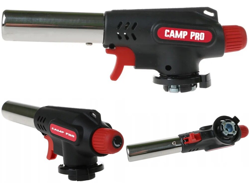 Palnik EXTRALINK EX.28471 palnik na białym tle w trzech ujęciach widoczny z boku od góry i od tyłu precyzyjny płomień wszechstronność uniwersalność