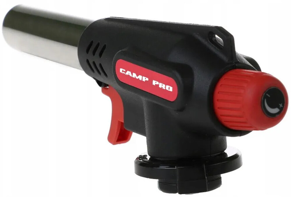 Palnik EXTRALINK EX.28471 palnik na białym tle widoczny od tyłu pod skosem wbudowany zapalnik piezoelektryczny pozwala uruchomić palnik jednym ruchem wygodniejsze i bezpieczniejsze rozwiązanie zawór do płynnej regulacji płomienia dopasowanie intensywności ognia do rodzaju pracy