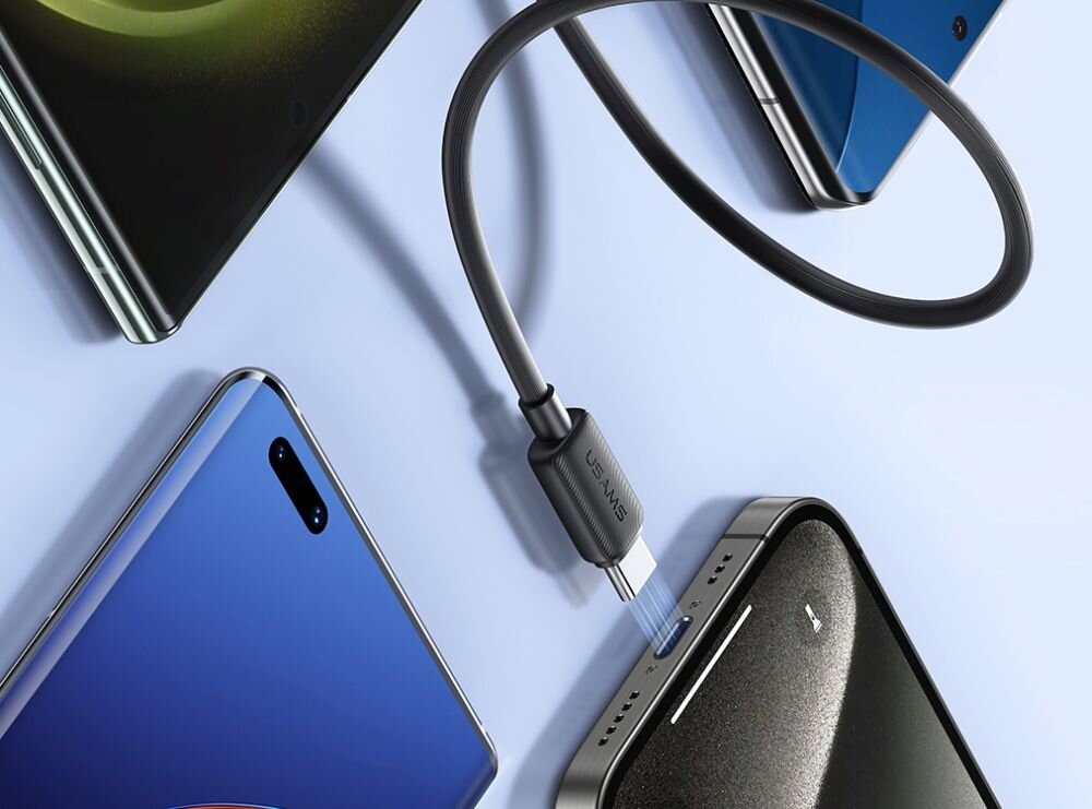 Kabel USB-C do USB-C USAMS KY Series US-SJ691 60W 1 m szybkie ladowanie, moc, obsluga, kabel podlaczony do urzadzenia