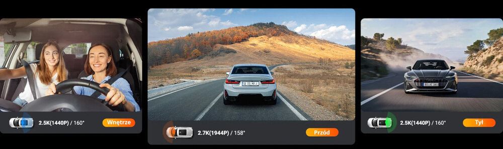 Wideorejestrator VANTRUE N4S potrójna kamera nagrywanie 360 stopni przód tył wnętrze, nagrania z kamer wideorejestratora, przód, tył, wnętrze