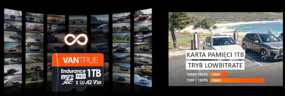 Wideorejestrator VANTRUE N4S microSD do 1TB przechowywanie nagrań, karta micro SD z nagraniami wideo