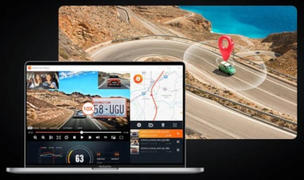 Wideorejestrator VANTRUE N4S GPS Logger trasa prędkość lokalizacja, samochód jadący po drodze, laptop z włączoną aplikacją