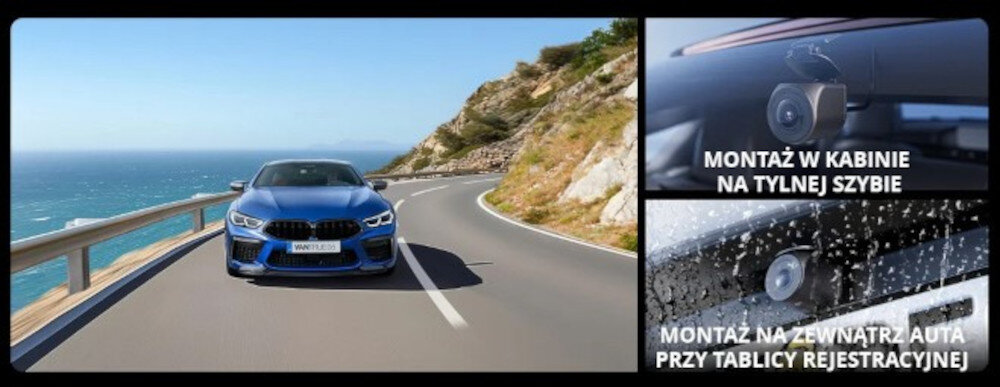 Wideorejestrator VANTRUE N4S tylna kamera 2.5K IP67 nagrania w każdych warunkach, samochód jadący po drodze przy oceanie