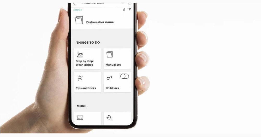 ZMYWARKA ASKO DFI545N lifestyle wizualizacja dłoń telefon smartfon aplikacja ustawienia programy funkcje ikona wifi łączność zdalne sterowanie z dowolnego miejsca smartfon tablet aplikacja Connect Life