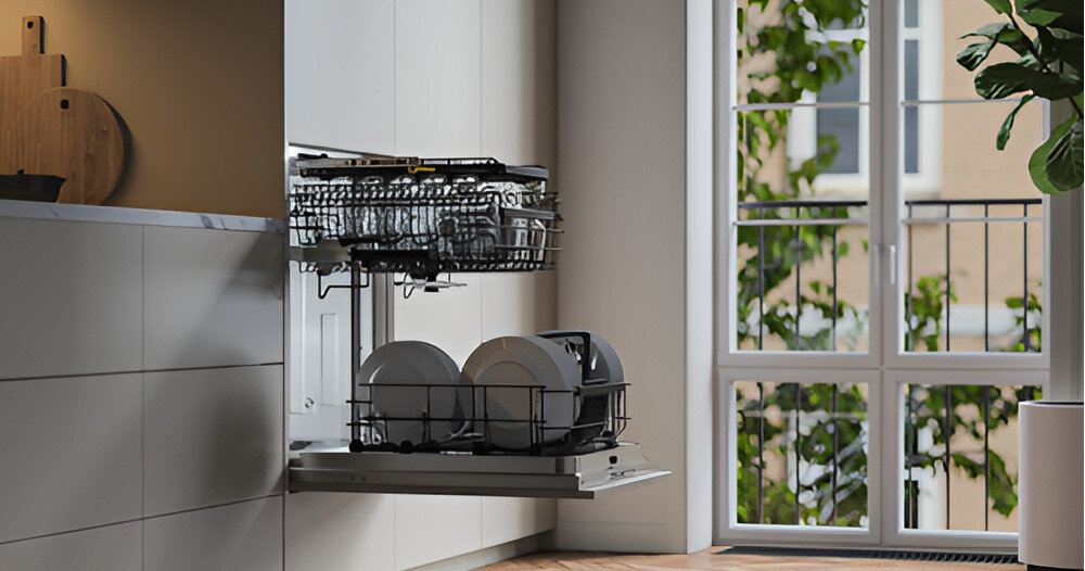 ZMYWARKA ASKO DFI544B lifestyle żółte oznaczenie widoczność intuicyjna obsługa prowadnice Teleskopowe konstrukcja budowa Przemyślany design płynne wysuwanie koszy