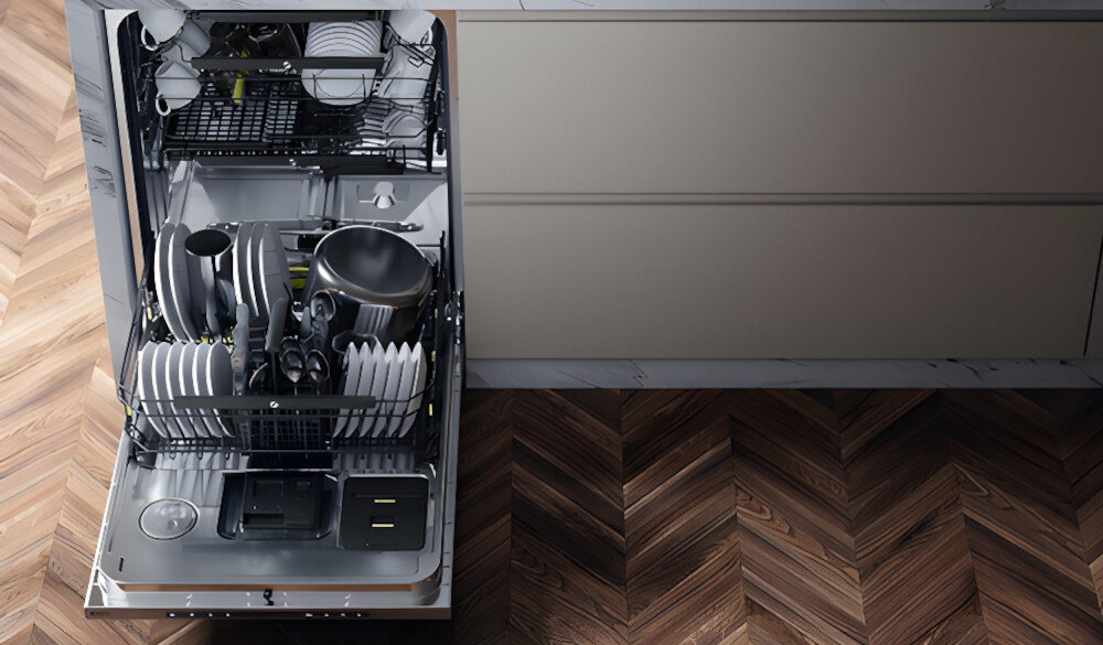 ZMYWARKA ASKO DFI544B lifestyle wnętrze środek zmywarki kosze naczynia talerze szklanki sztućce Elastyczny załadunek Flexiracks stalowe druty pokryte nylonem konstrukcja wysuwanie konfigurowanie łatwa regulacja wysokości